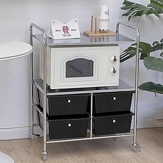 2 Layers Cart Trolley, Stainless Steel Medical Carts on Wheels Lab Utility Cart with 4 Drawers, Household Utility Carts for Kitchen, Bar, Dinning Room, Living Room