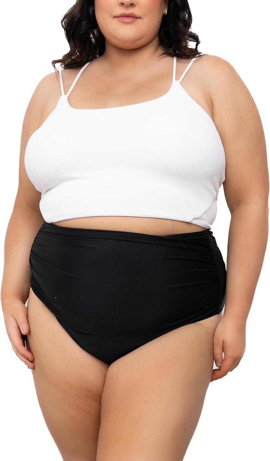 Coral Reef Swim Tankini Swimsuits for Women - White Double Strap Tankini Top & Black High Rise Ruched Swim Bottoms (XXS-3XL) - Image 2