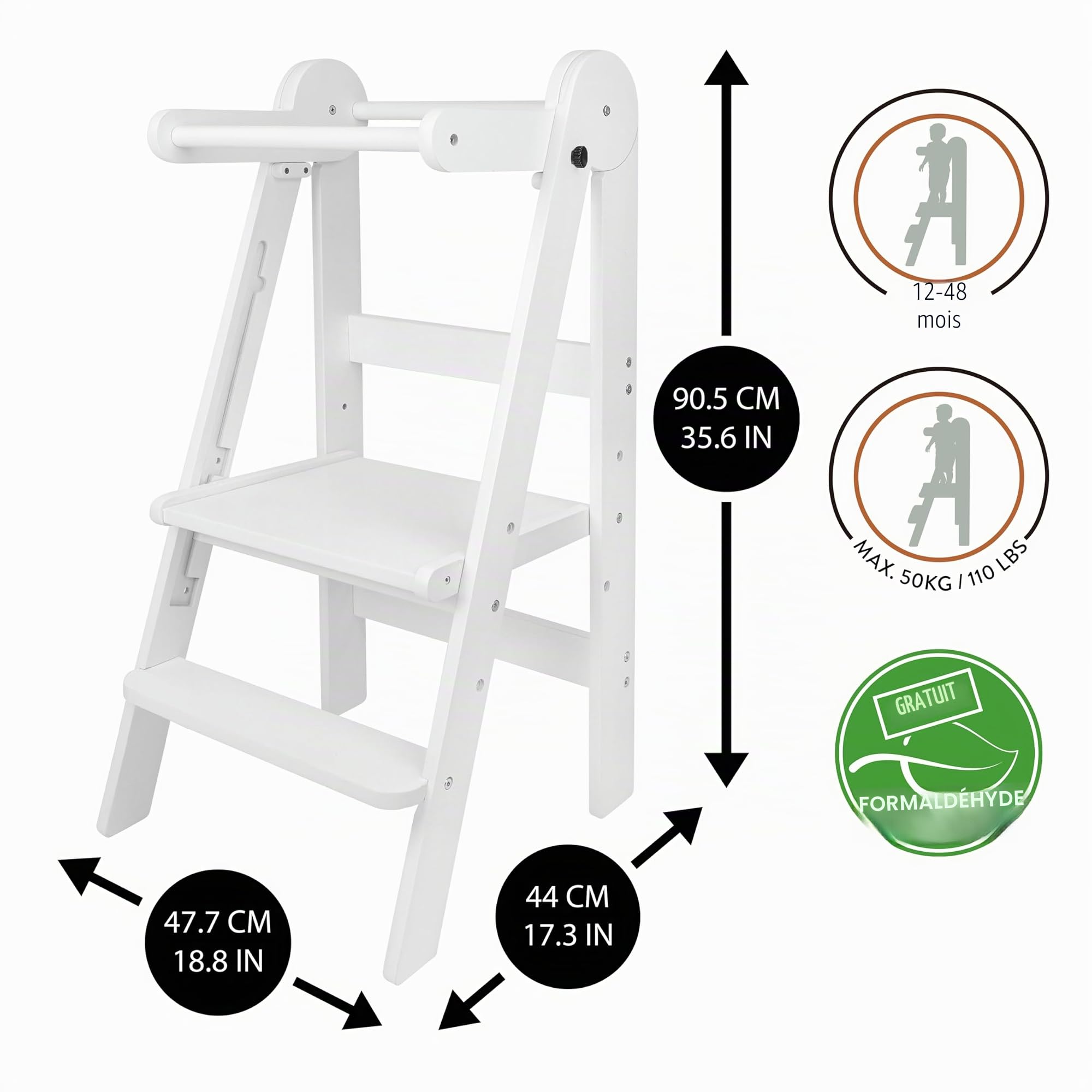 509 LOFTY Tour d'apprentissage pliable, Aide de cuisine pour enfants, Montessori, Marchepied, Pliable pratique pour le rangement, Réglage de la planche debout 3 hauteurs, Couleur Blanc