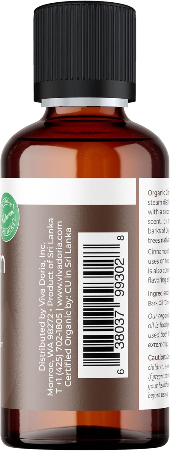 Viva Doria Cinnamon Bark Essential Oil, USDA Certified Organic Cinnamon Oil, 100% Pure, Natural Essential Oil, Undiluted, for Aromatherapy | Food Grade, 30 mL (1 Fluid Ounce)