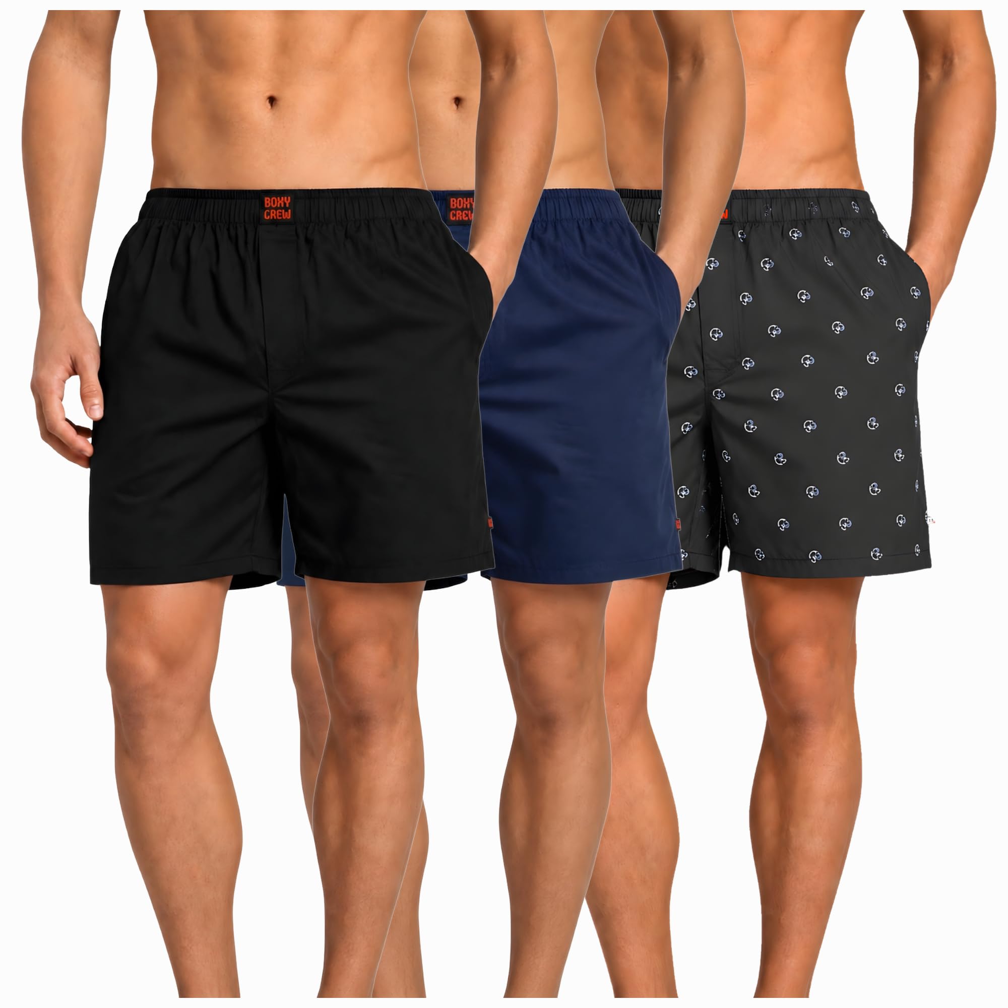 Men's 100% Cotton Boxer Shorts Pack of 3, Black, Navy Blue & Navy Blue | Woven Boxers with Side Pockets, No-Marks Elastic Waistband, Breathable Relaxed Fit | Style 001-002-009-image-41