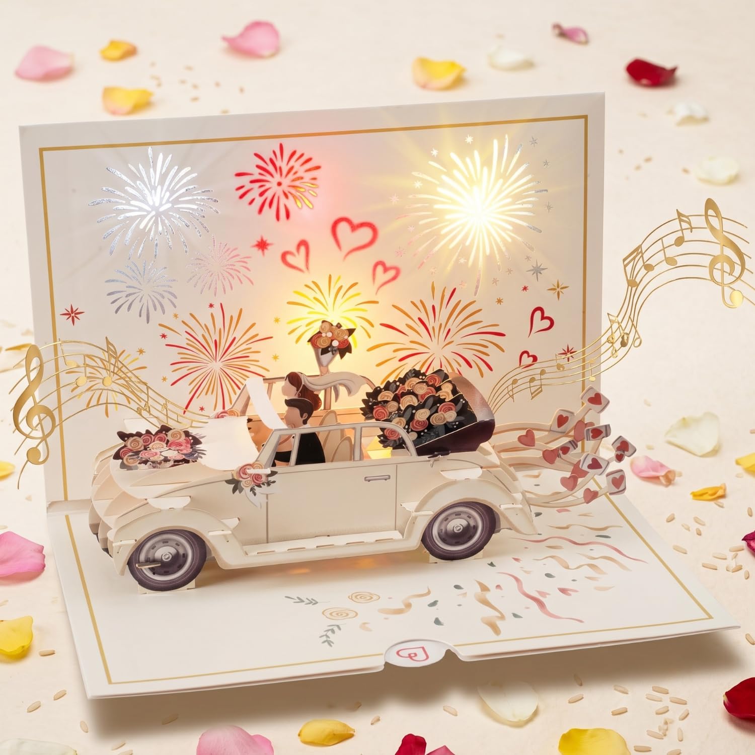 papercrush® Luxury 3D Wedding Card Pop Up Car - Just Married Card for Bride and Groom, Beautiful Wedding Congratulations for Daughter, Best Friend, Brother & Sister in Law, Cash Giftcard for Weddings