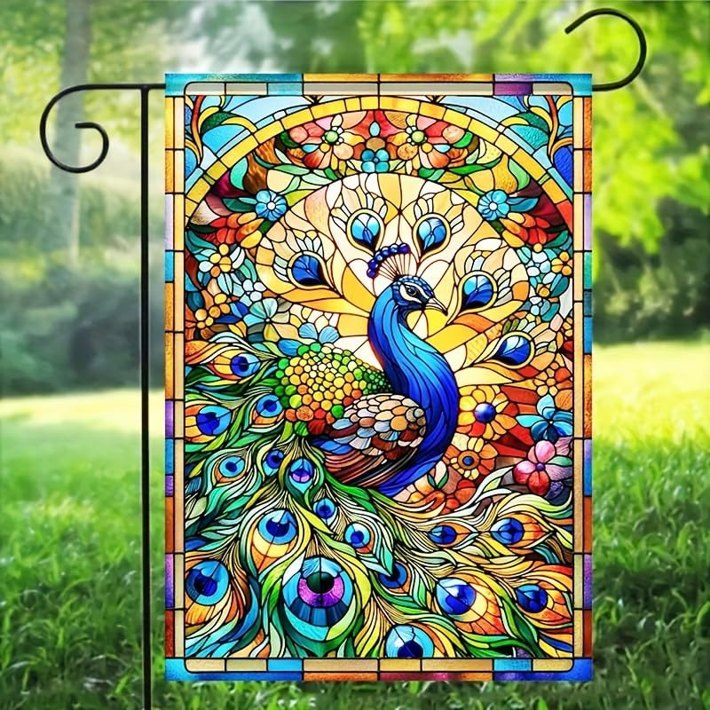 Peacock Garden Flag Stained Glass Style Spring Summer Garden Flag 12x18 Inch Double Sided Flags Floral Outdoor Yard Lawn Patio House Decorative Banner - Image 2