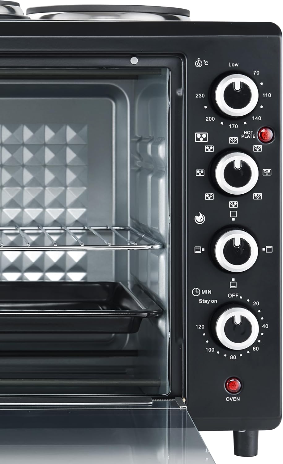 Close-up of the control panel on the Mellerware Horizon 46 Mini Oven.