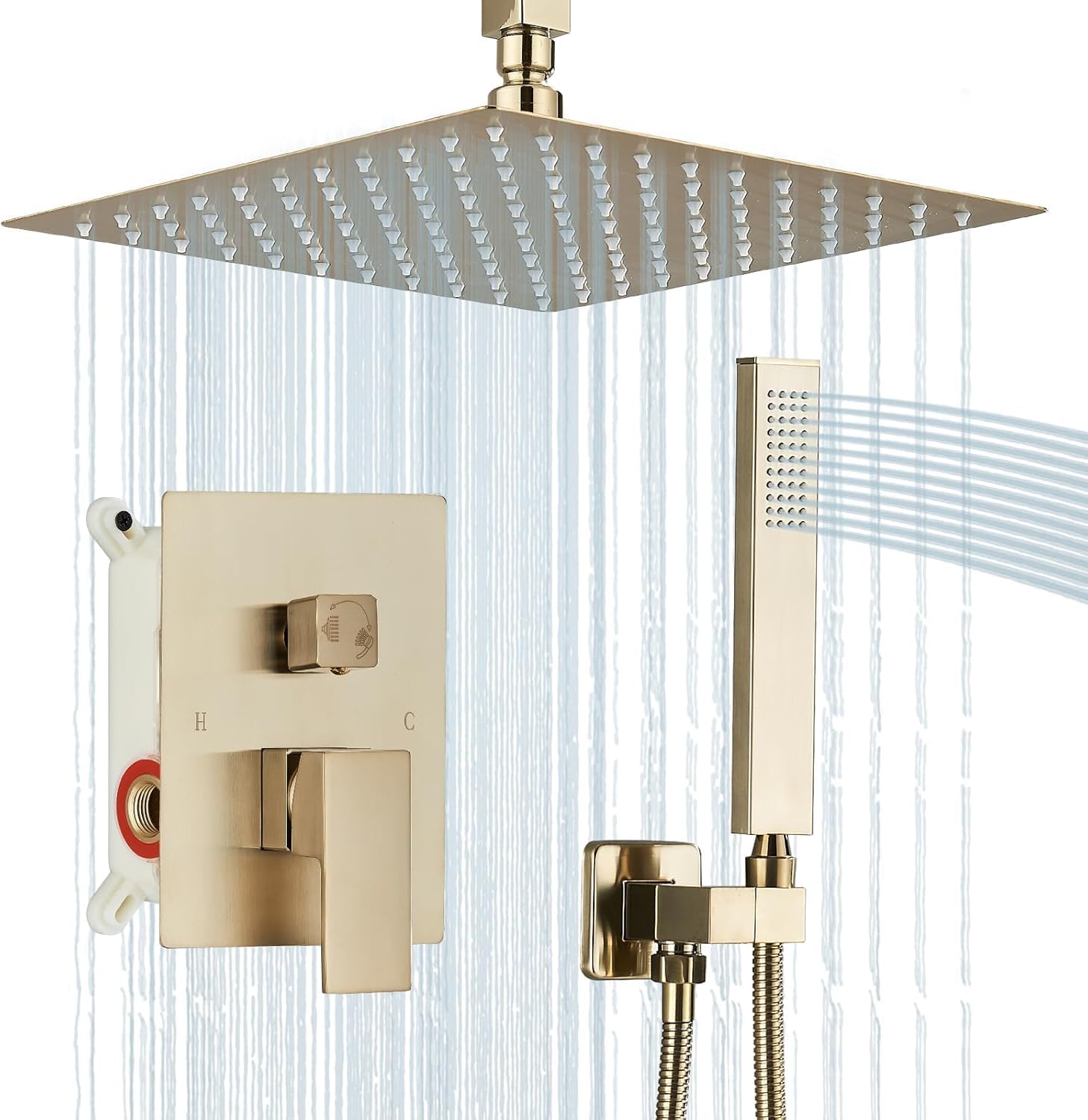Shower Faucet Set Rain Shower System with 10 Inches Rain Shower Head and Handheld Spray, Bathroom Shower Fixtures Brushed Gold Shower Kit with Brass Valve,Ceiling Mounted