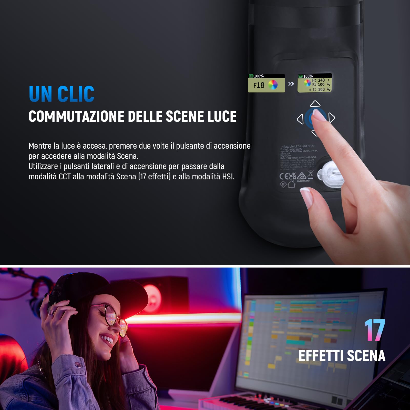NEEWER BASICS Luce Tubo RGB Portatile da 30W 90cm, Luce Gonfiabile per Video Palmare in TPU, 3000Lux 2700-6500K CRI95 5000mAh Type C Ingresso 45W/Uscita 30W per Foto Video Studio Streaming, GC30C