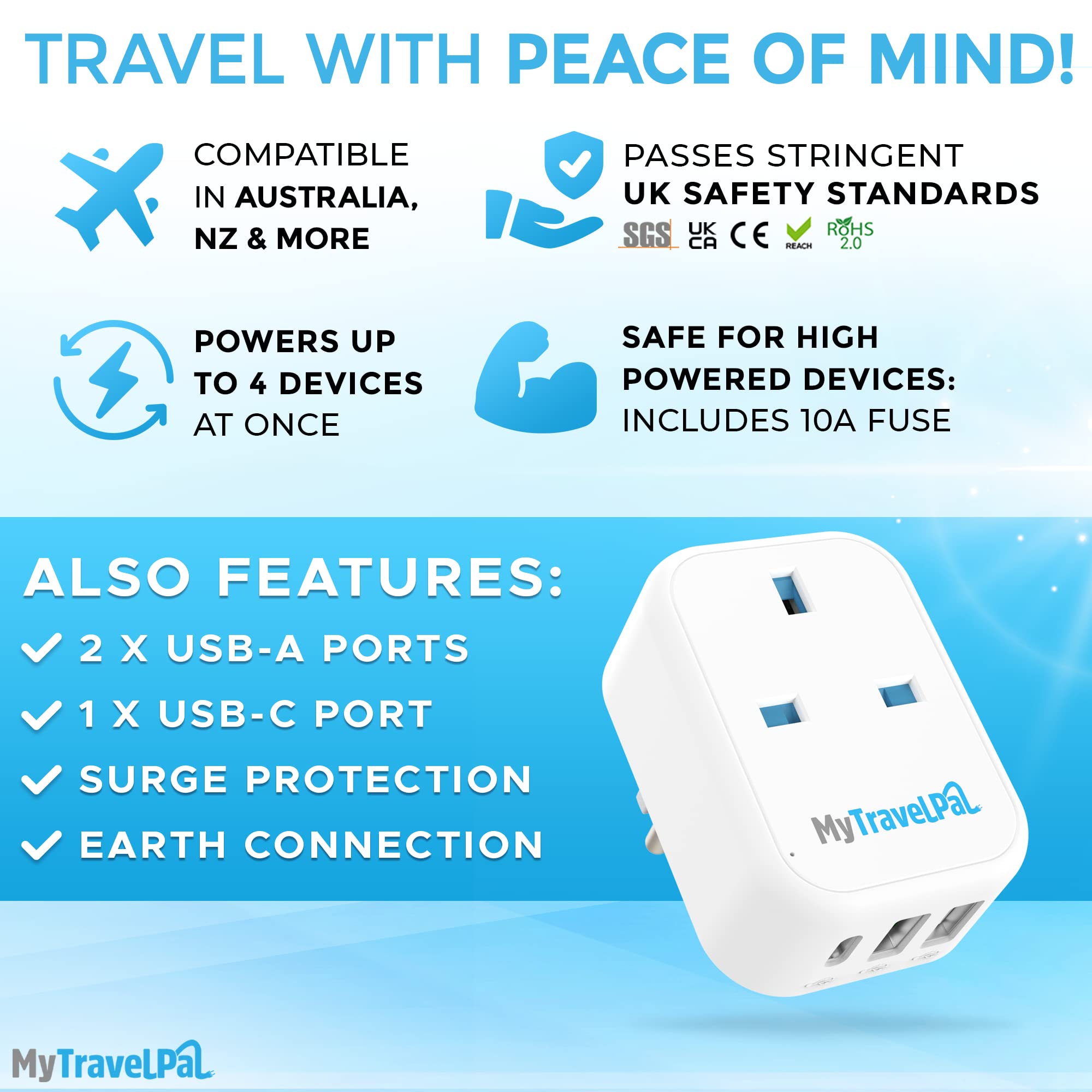 Adaptador De Viaje Reino Unido A Australia MyTravelPal - Con Puertos USB Y USB-C, Protección Contra Sobretensiones, Tipo I