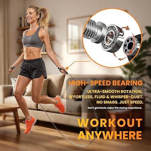 Miniatura 4 de Cuerda de saltar Pro Speed, autobloqueante y ajustable para entrenamiento funcional, doble bajo y resistencia - Rodamientos de bolas de 360, asas de