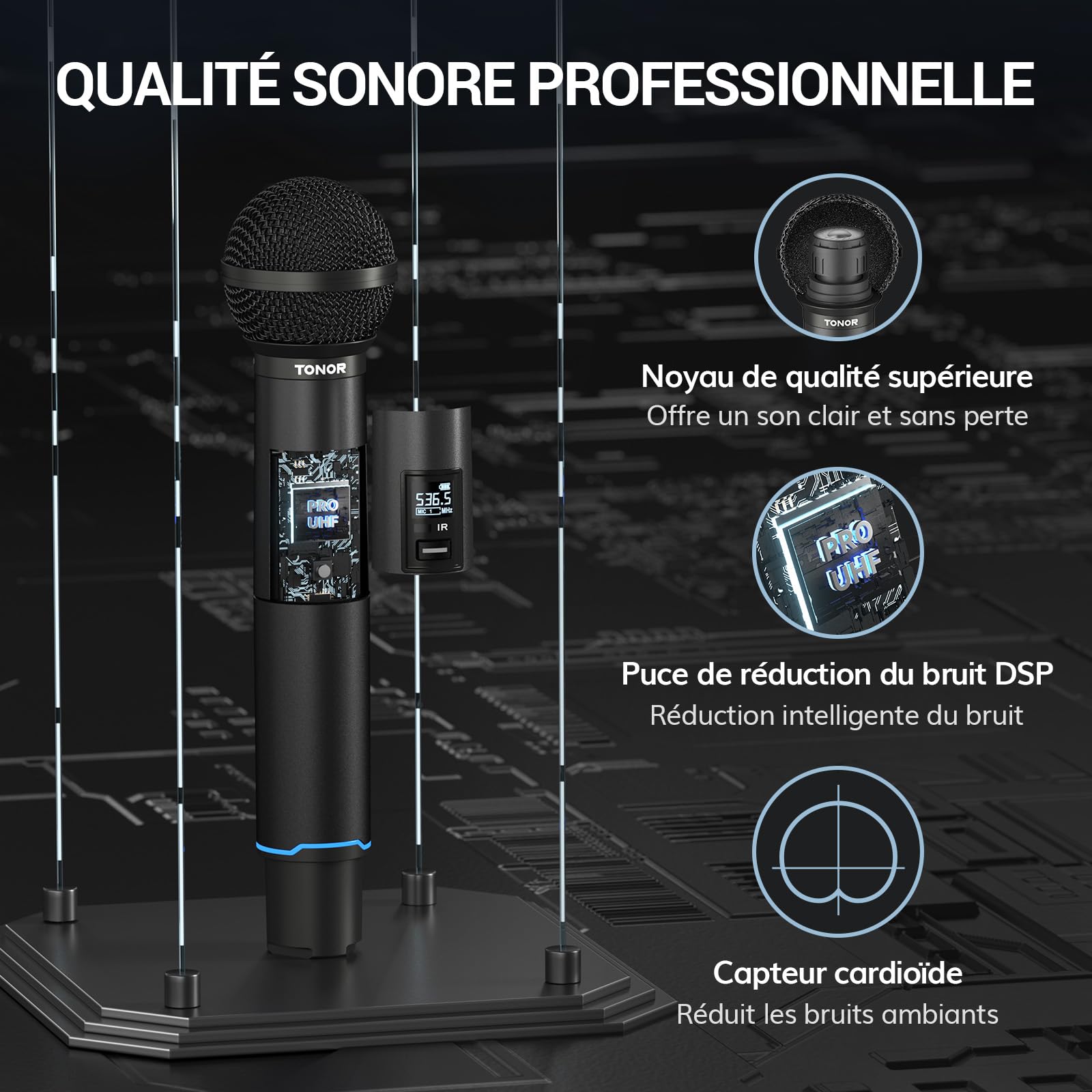 TONOR Micro sans Fil Professionnel, système de Microphone sans Fil Rechargeable, Micro Dynamique en métal 2x100 UHF pour karaoké, église, Chant, Mariage, DJ, Auto Scan, 100M, TW750
