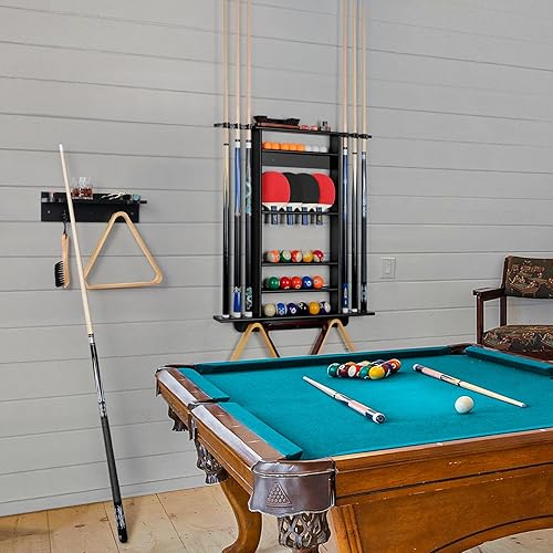 Miniatura 8 de XCSOURCE Soporte de pared para taco de piscina de bambú, soporte para 4 tacos con estante para bolas y soporte para bebidas, negro, 15.7 x 4.3 x 4.3