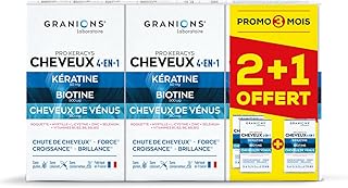 GRANIONS PRO KERACYS 4-EN-1 | Anti-chute Cheveux + Force + Croissance + Brillance | FORMAT 3 MOIS : 2 x 90 Gélules + 90 Gélules OFFERTES | Fabriqué en France