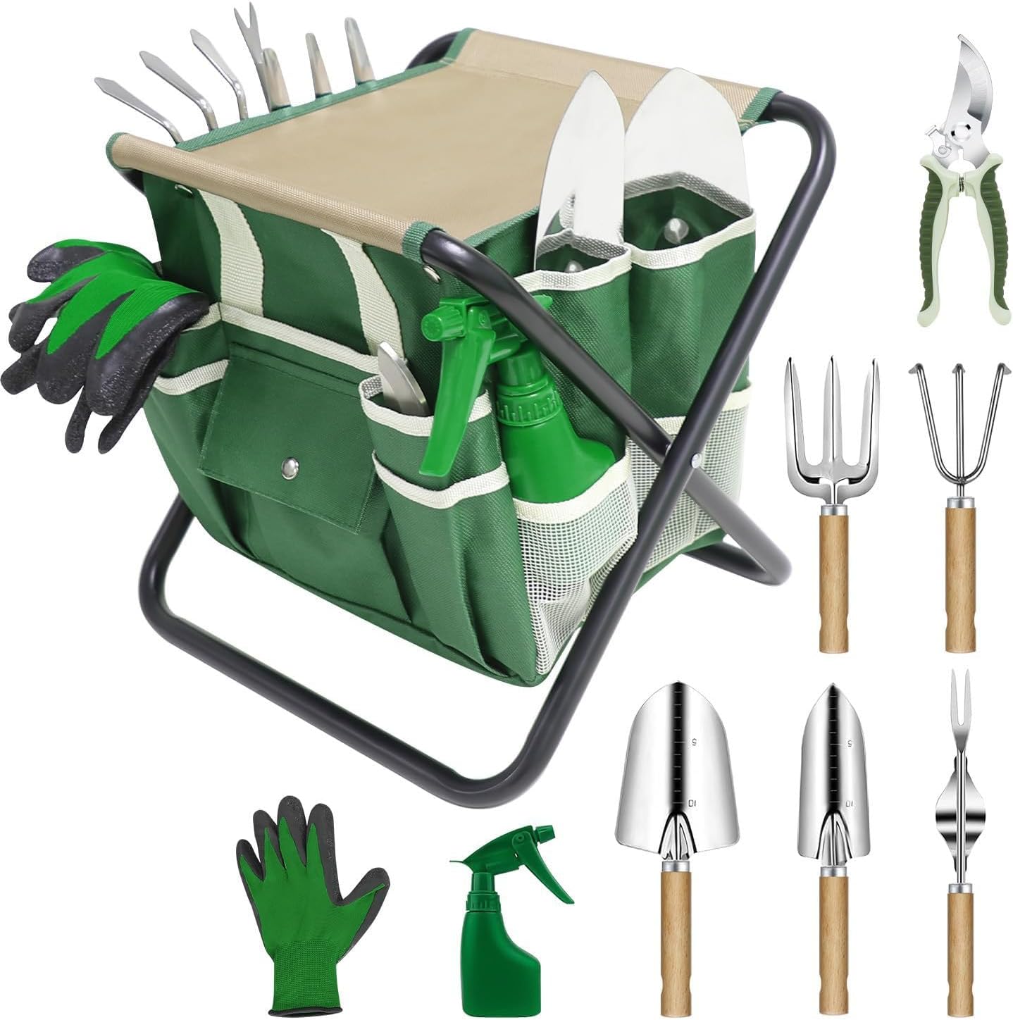 Aurelia Garden 10-Piece Garden Tool Set with Folding Stool and Detachable Storage Bag, Stainless Steel Hand Tools with Wooden Handles, Green, 220 lb Capacity