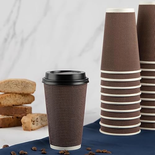 Miniatura 2 de PARTY BARGAINS Ripple - Tazas calientes con tapas, 16 onzas, 40 unidades, marrón, aislamiento de doble pared, tazas de café de papel desechables,