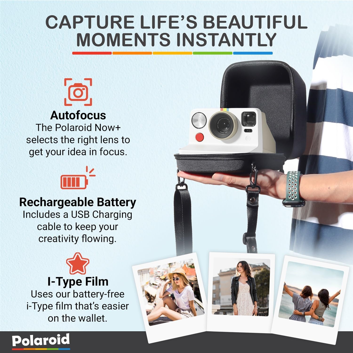 Polaroid Now Generation 3 I-Type Instant Camera (Pebble White) Bundle with Color I-Type Film (8 Exposures), Hard Protective Case and Wrist Strap