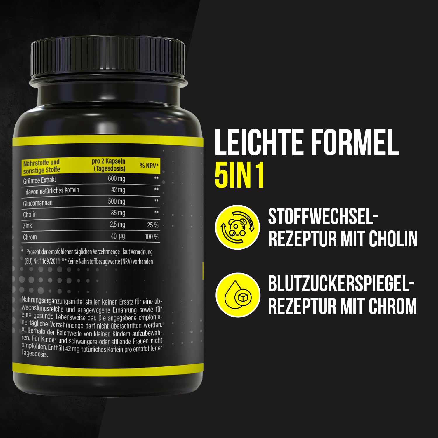BRNR EASY BRNR Leichte Formel 5in1, Stoffwechsel-Kur mit Cholin, Blutzuckerspiegel-Rezeptur mit Chrom, Ballaststoff Glucomannan, Grüntee Extrakt, 120 Kapseln