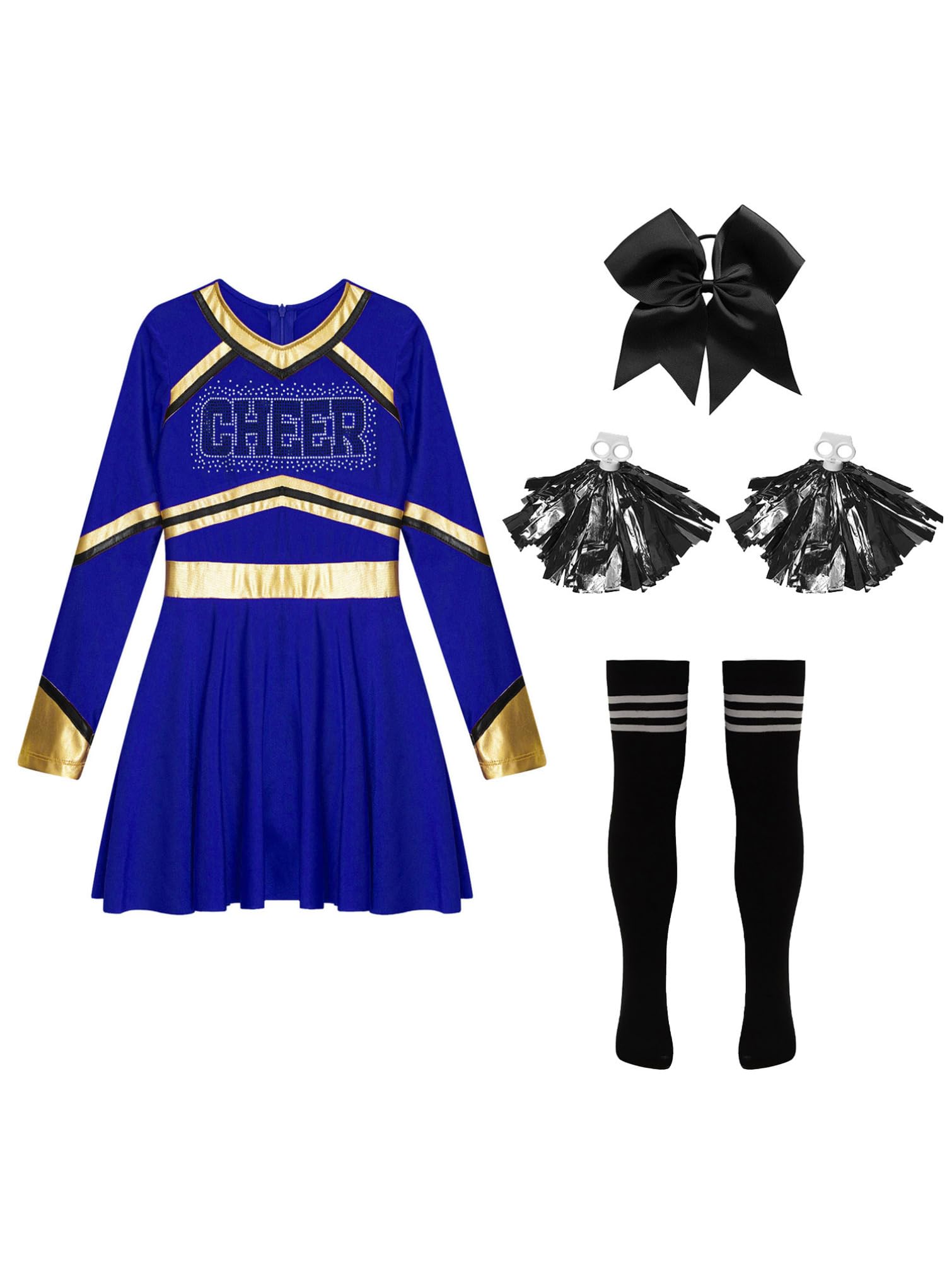 TiaoBug Dziewczęca sukienka cheerleadki z długim rękawem, sukienka do tańca z literami Cheer, metaliczne paski, podkolanówki + pompony + kokardka, ozdoba do włosów, do uprawiania sportu, do szkoły