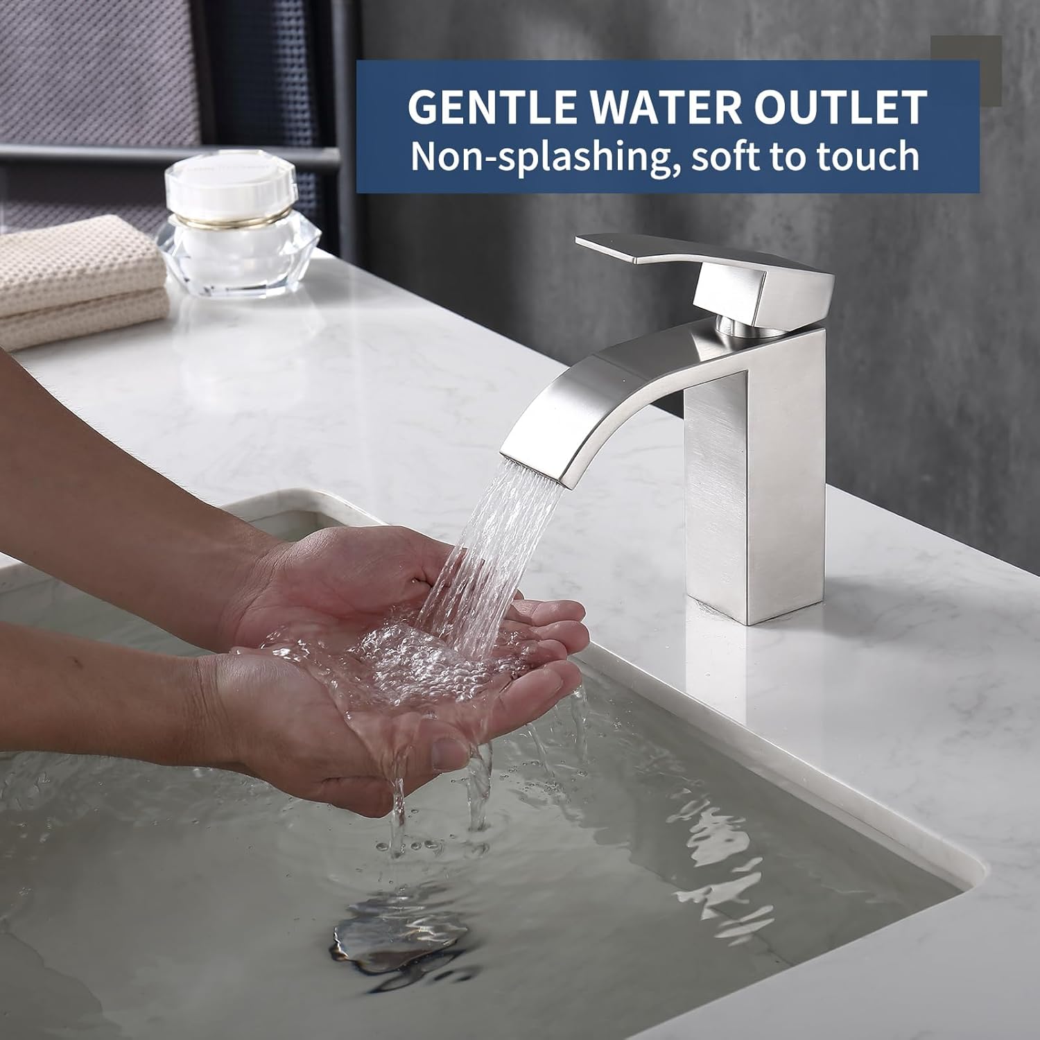 Bathroom Faucets 【SUS304 Stainless Steel】 Brushed Nickel Waterfall Bathroom Faucet 1 Hole + Brushed Nickel Sink Drain with Overflow Pop Up Sink Drain Stopper, SF4+SD30-BN