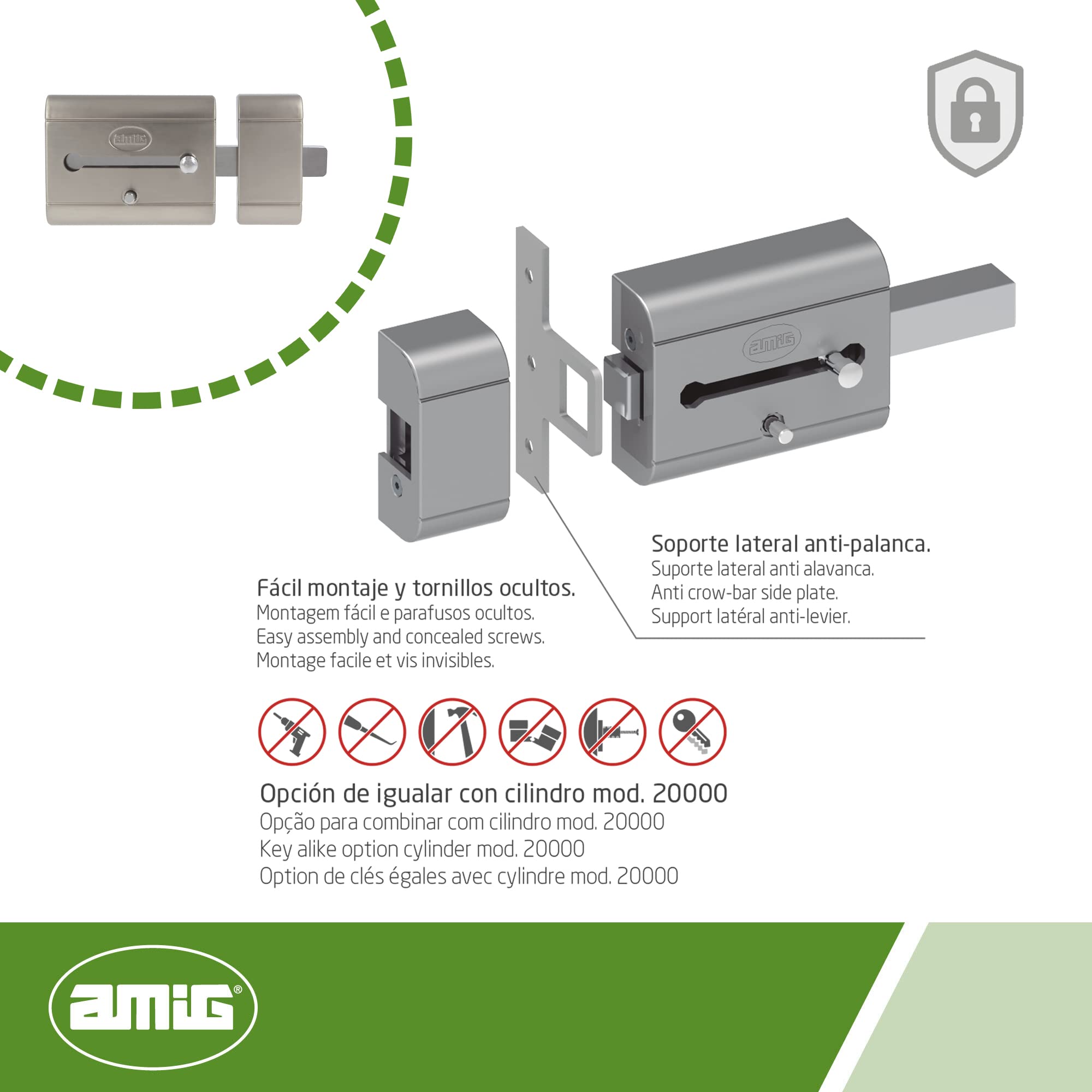 Amig - Serratura da sovrapposizione ad alta sicurezza per porte in legno | Mod. 15 PLUS | 98 x 77 mm | con cilindro rotondo di sicurezza e chiavistello | acciaio argento
