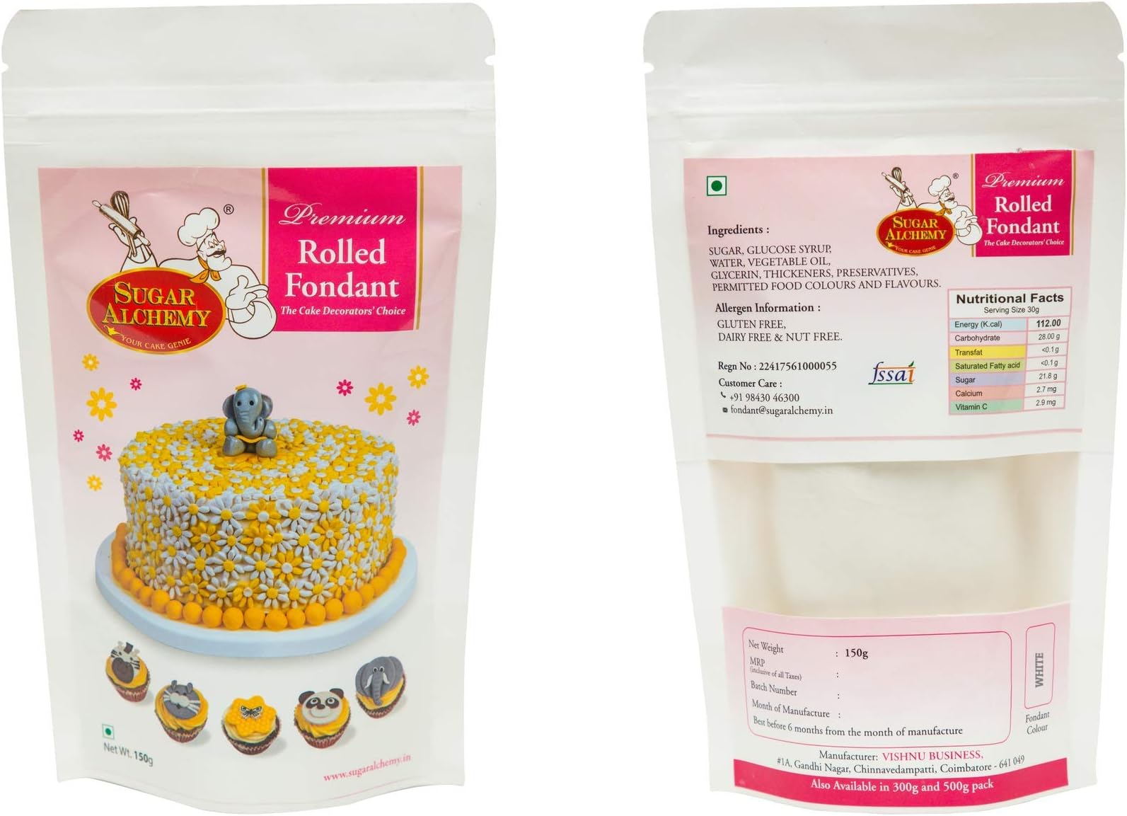 Sugar Alchemy® Fondant or Sugar Paste: 150g White (Gold, 9 Colors, 4 Flavors & Sparkle Range, ₹140-550)