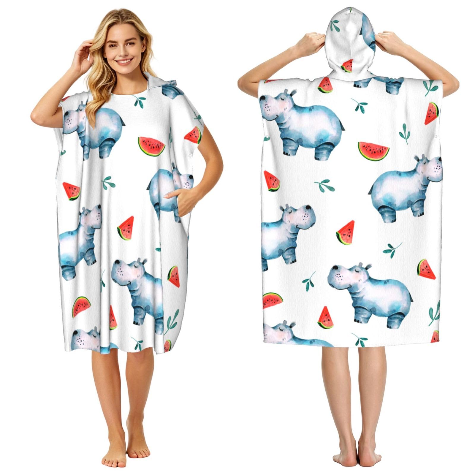 Poadnly Watercolor Cute Hippo Watermelon, Adult Hooded Beach Towel 90 x 110 cm,Changing Bath Robe, Surf Poncho Towel For Women Men
