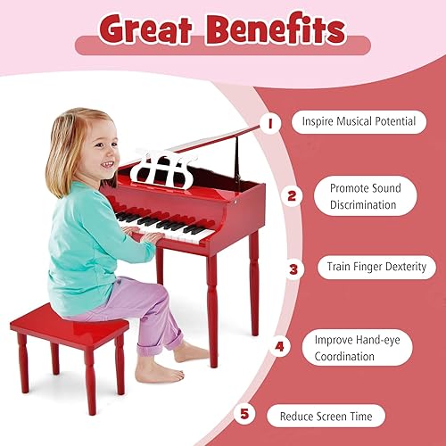 Miniatura 2 de Costzon Piano clásico para niños, piano de cola de madera de 30 teclas con soporte de música y banco, mini juguete musical para niños, ideal para