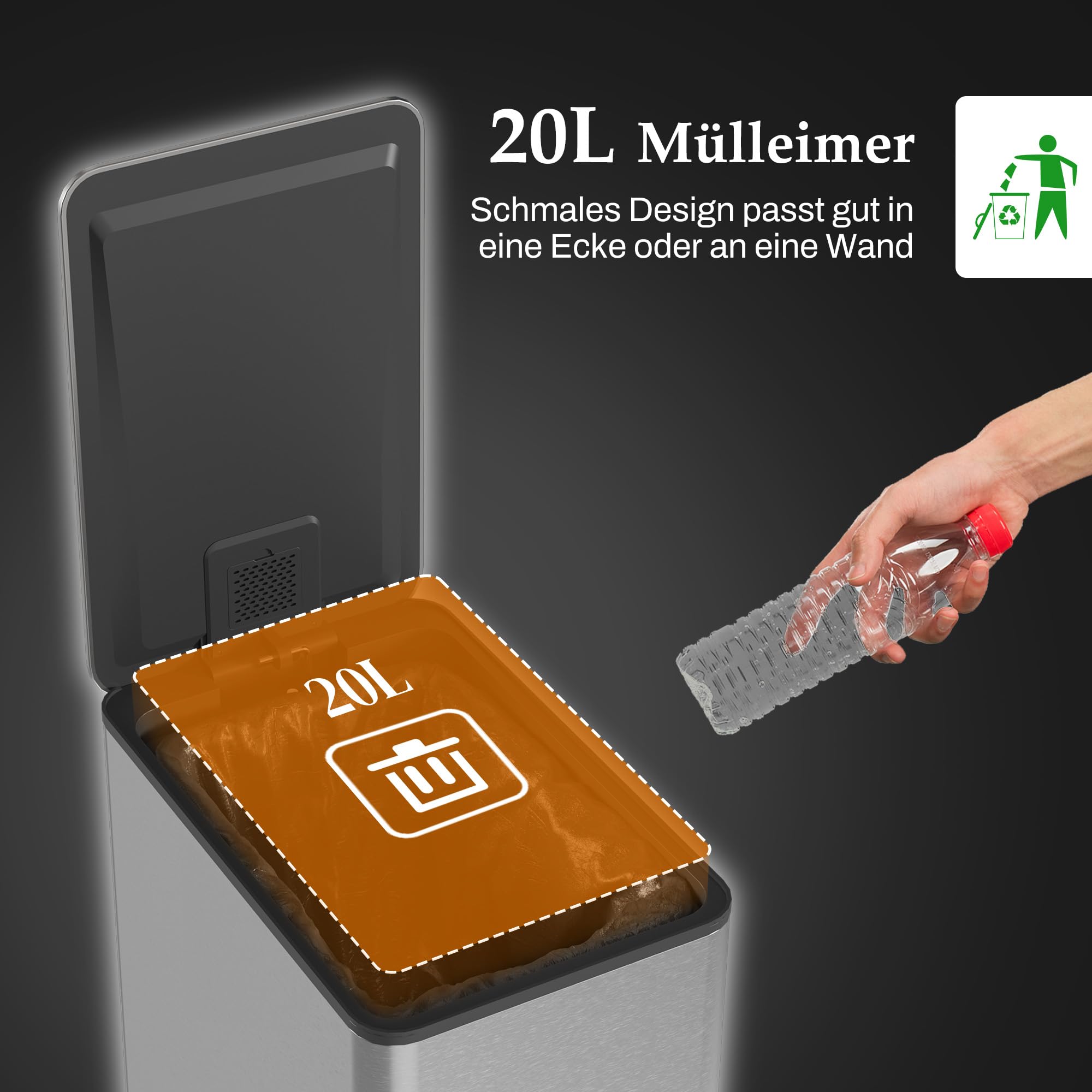 HOMCOM Mülleimer 20 L mit Softclose-Deckel Pedal 21,5 x 37,2 x 57cm Silber | Treteimer, Abfalleimer inkl. Inneneimer, Abfallsammler, Edelstahl, für Bad Schlaf- oder Wohnzimmer