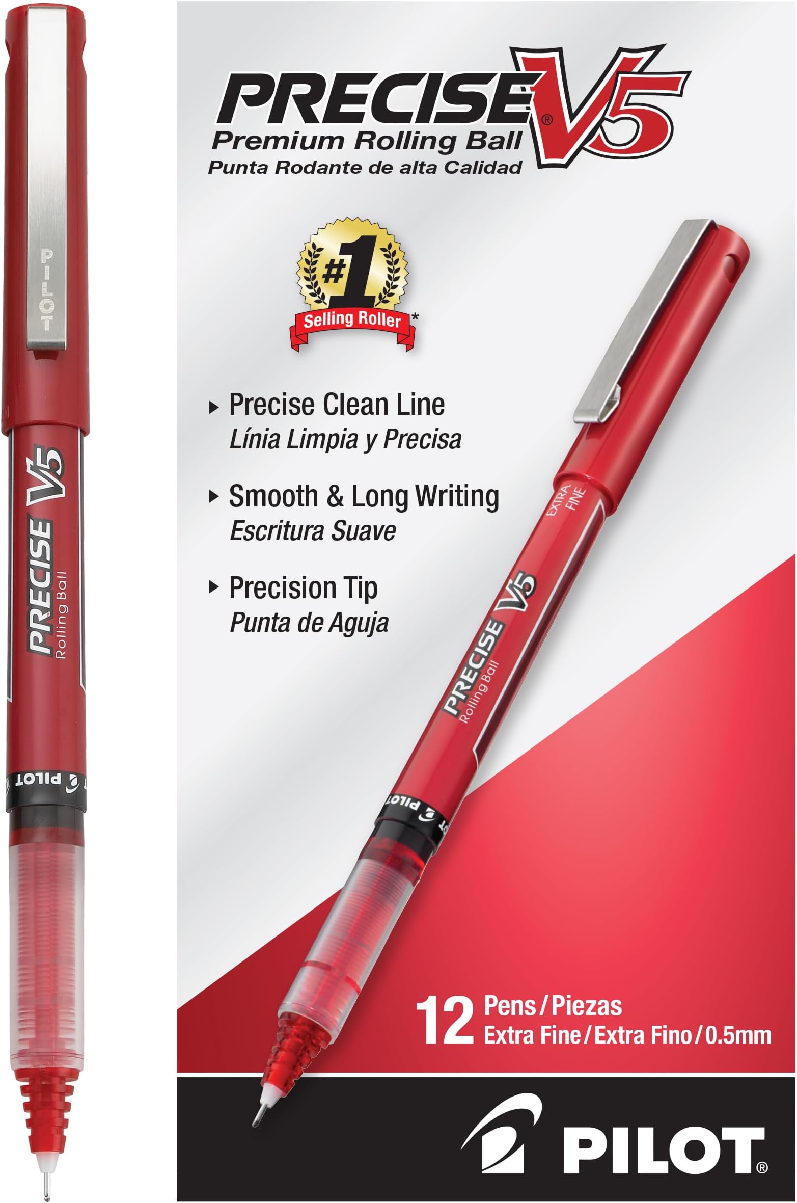 PILOT Precise V5 Stick Liquid Ink Rolling Ball Stick Pens, Extra Fine Point (0.5mm) Red Ink, 12-Pack (35336)