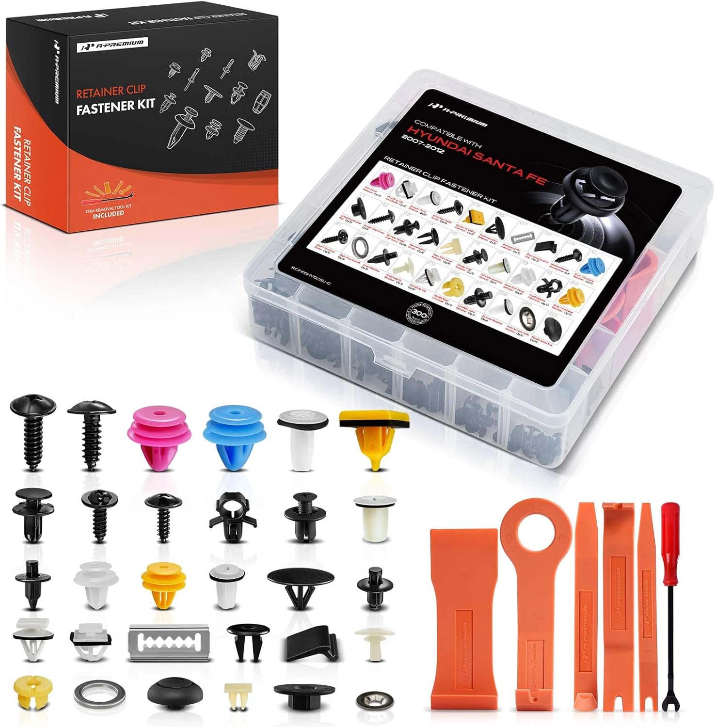 A-Premium 300 PCS 30 Sizes Car Retainer Clip Kit Compatible with Hyundai Santa Fe 2007-2012 Fender Liner Push Sizes Retainer Auto Push Pin Plastic Rivet Fastener Replacement Set, w/Removal Tool