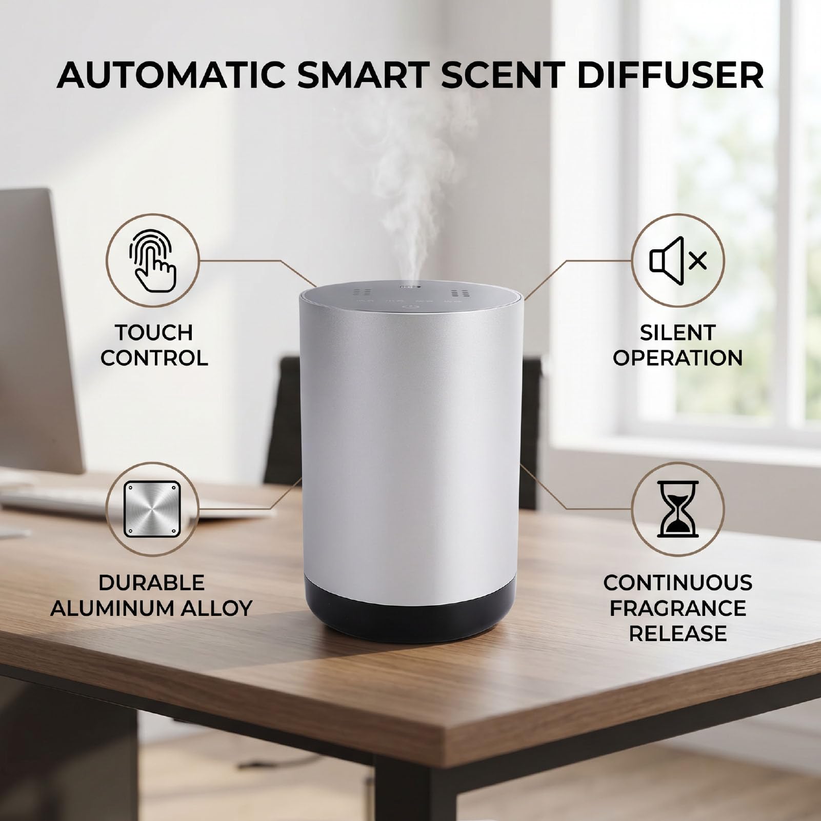 Naroote Difusor de Aceites Esenciales, Difusor Automático de Sobremesa de Aleación de Aluminio con Control Táctil, Funcionamiento Silencioso, para la Oficina, el Dormitorio