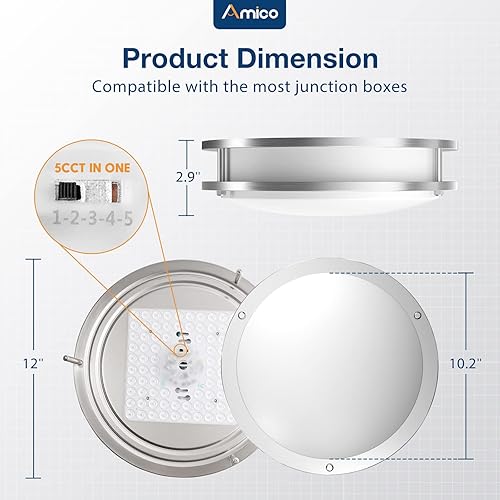 Miniatura 7 de Amico Paquete de 2 lámparas LED de techo empotradas de 12 pulgadas con luz nocturna, 2700K3000K4000K5000K6500K seleccionables, lámpara de techo