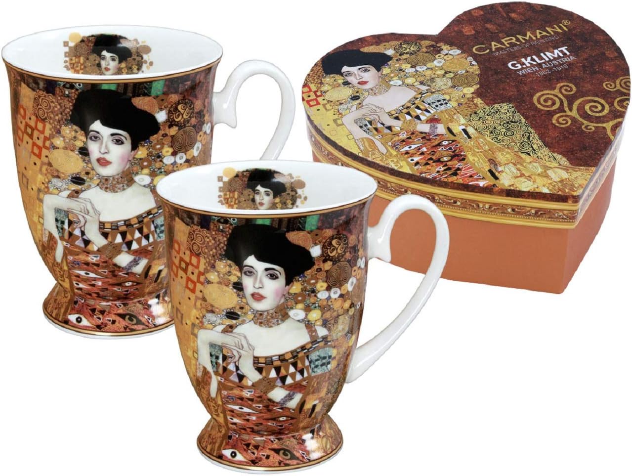 Carmani 12 oz Mug Set for Tea or Coffee, Porcelain Coffee Mug With G.Klimt Adela Painting, Cup Set in a Heart Box, Set of 2