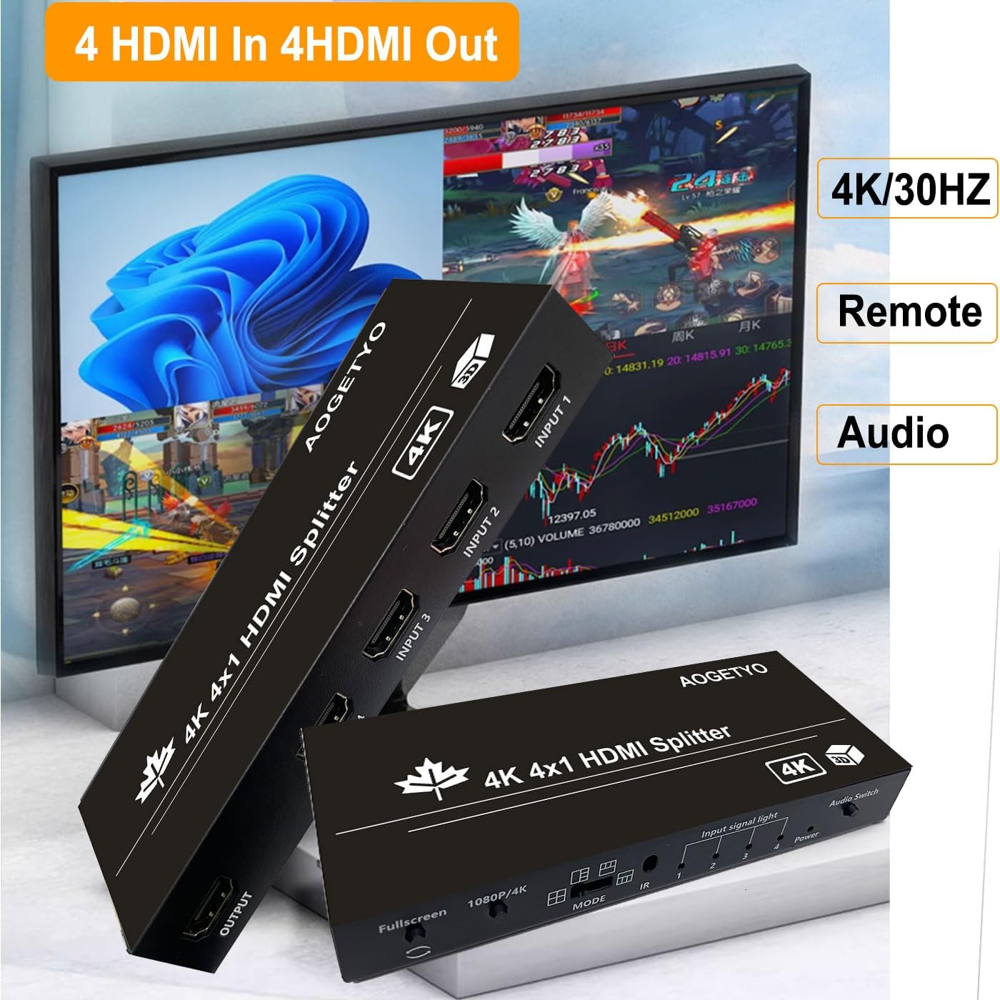 4K HDMI Switch, 4K hdmi switcher 4 in 1 Out, IR Remote Control+Button Press, HDMI Splitter with 5 Modes Displays 1 Full Screen+4 Kinds Four Split, Support 3D HDCP2.2, Audio Extractor for PS4/5/PC/DVD