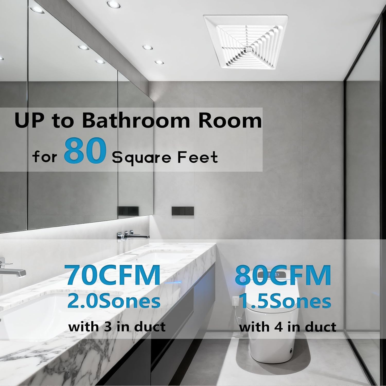 Bathroom Exhaust Fan 80 CFM,4-Inch Duct - 70CFM,3-Inch Duct outlet included,Easy to Install,Quiet Energy-Saving Household Ventilation Fan,Ceiling or Wall Mounted, Classic White Grille