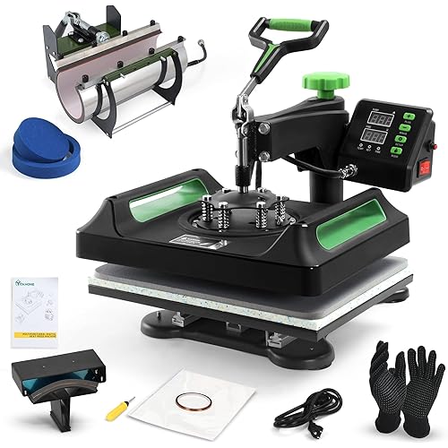 YITAHOME Heat Press Machine for T Shirts 15x15, 5-in-1 30oz Tumbler Heat Press, Hat Heat Transfer, 360° Rotation Swing-Away Plate Heatpress, Dual-Tube Heating Printing for DIY T-Shirts, Caps, Mugs