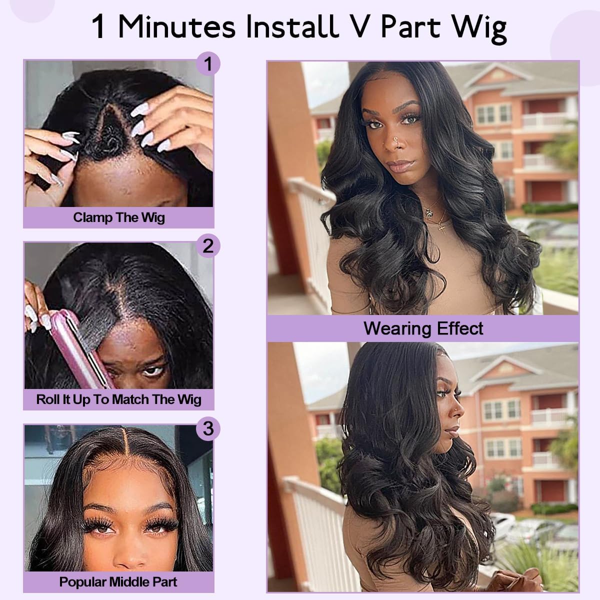 Wavy V Part Wig Wear And Go Glueless Upgrade U Part Wig Body Wave Natural Black Synthtic Hair Soft As Human Hair Half Wigs For Black Women 180% Density (Natural Brown, 22 Inch)