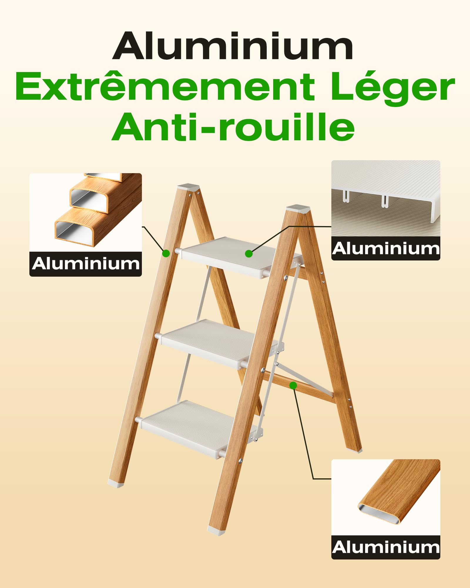 Échelle Pliable 3 Marches, Tabouret Escalier Aluminium | Capacité 150 Kg, Échelle Pieds Antidérapants & Larges Marches, Usage Intérieur-Extérieur, Design Aspect Bois, Blanc