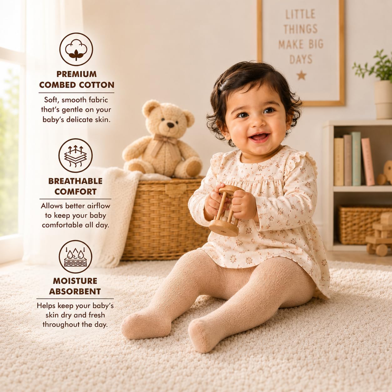 Supersox Cotton Tights for Babies | Combed Cotton, Breathable, Moisture Absorbent & Anti Odour | Soft, Stretchable Full-Length Baby Tights for All-Day Comfort | 12-24 Months | Light Skin | Pack of 1 1
