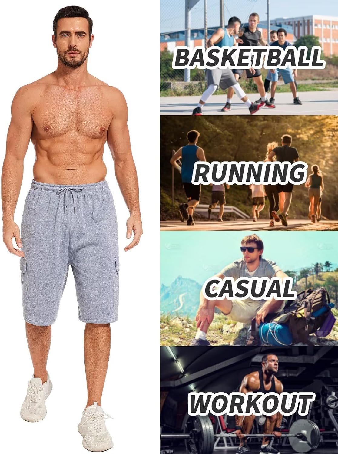 Mens Sweat Shorts with Cargo Pockets Fleece Shorts Elastic Waist releaxed fit for Men Summer Sportswear