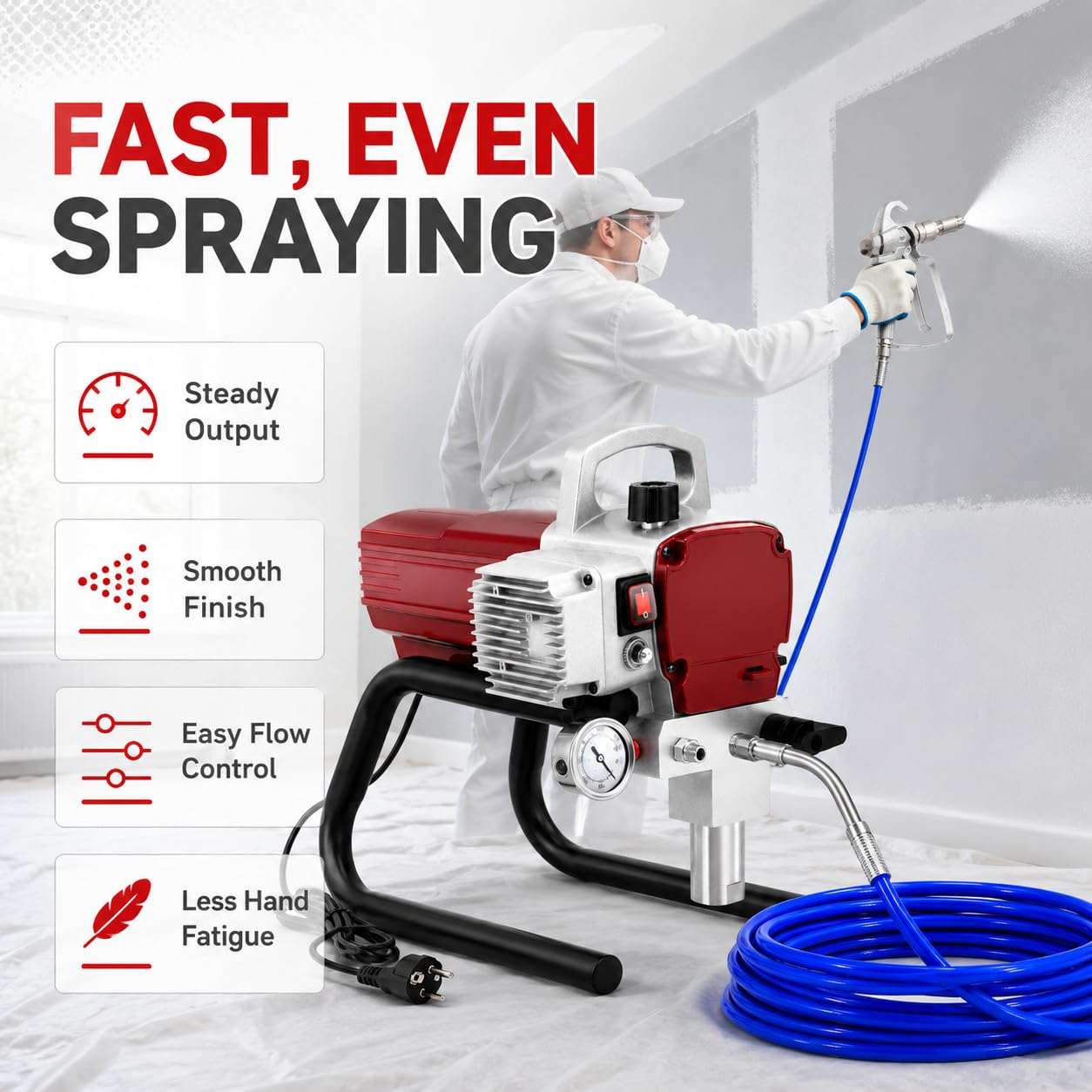 Aparato de Pintura por Pulverización Profesional de 1,8 KW - Airless Paint Con Dispositivo de 250 mm y 13 m de Manguera - Sistema de Alta Presión