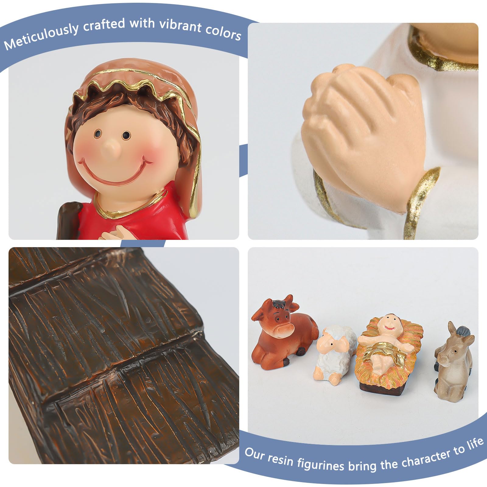 12-częściowa ręcznie malowana szopka bożonarodzeniowa z żywicy syntetycznej – Święta Rodzina z Dzieciątkiem Jezus, Marią i Józefem, miniaturowe figurki w kolorze kremowo-białym, religijna