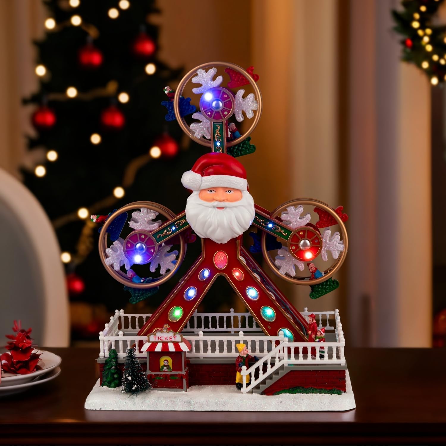 Qcnysk Christmas Santa Claus Ferris Wheel, Light Up Musical Christmas Decoration for Holiday Tabletop Display and Collectible Gifts
