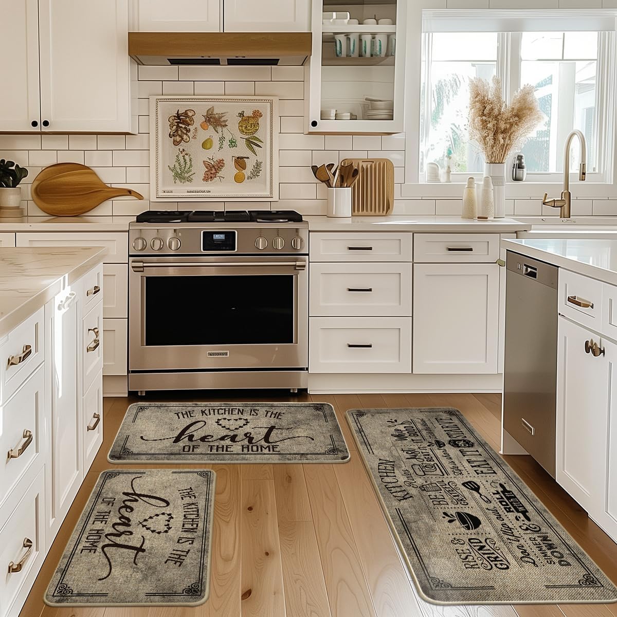 Artoid Mode Kitchen Quotes Kitchen Mats Set of 3, Seasonal The Kitchen is The Heart of The Home Cooking Sets Holiday Party Low-Profile Floor Mat - 17"x29"+17"x36"+17"x47"
