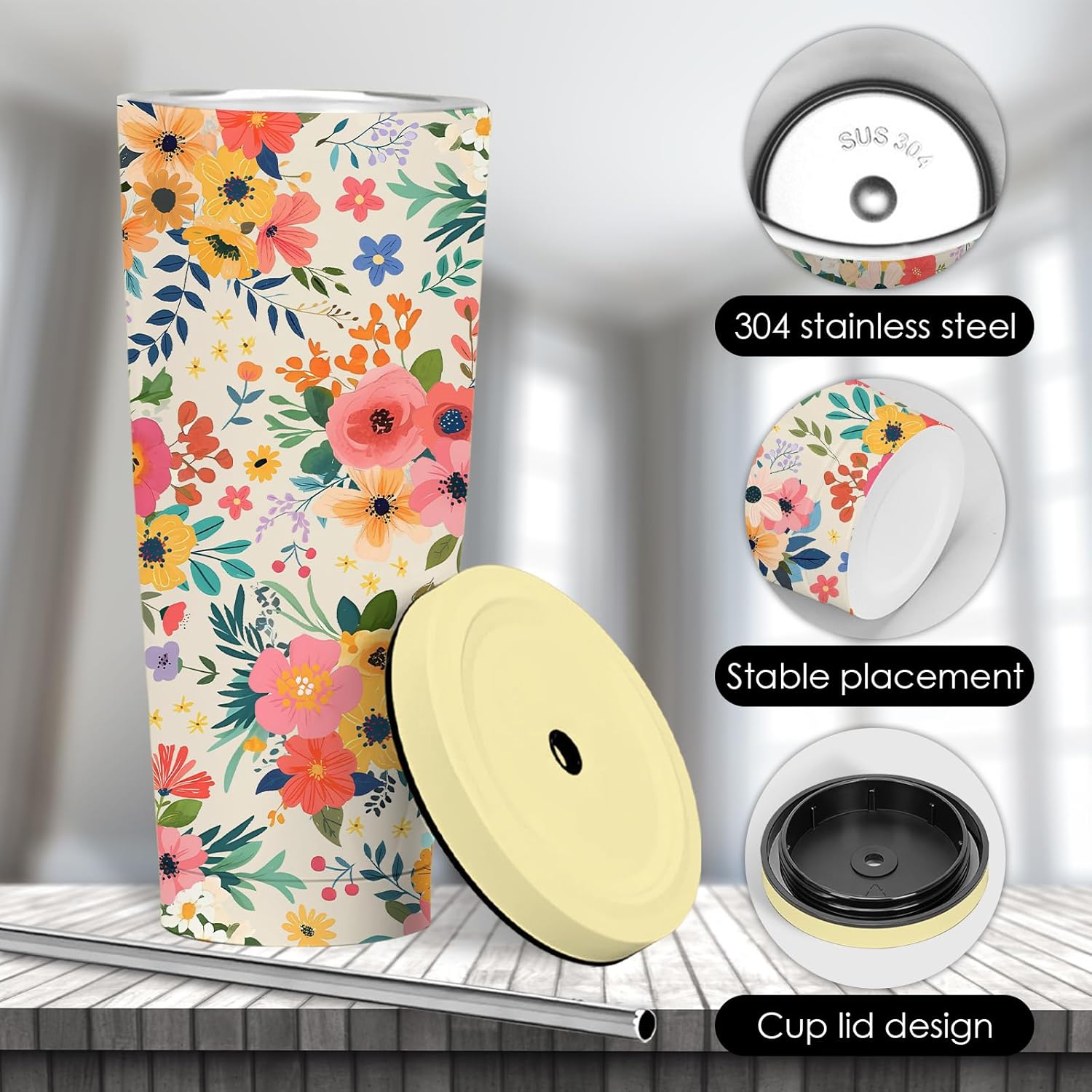 Floral Boho Tumbler 24oz With Lid, Flowers Gifts, Flower Coffee Cup Gifts for Women Girls, Abstract Retro Mid Century Flower Gift for Her on Christmas Birthday Mothers Day - Image 9