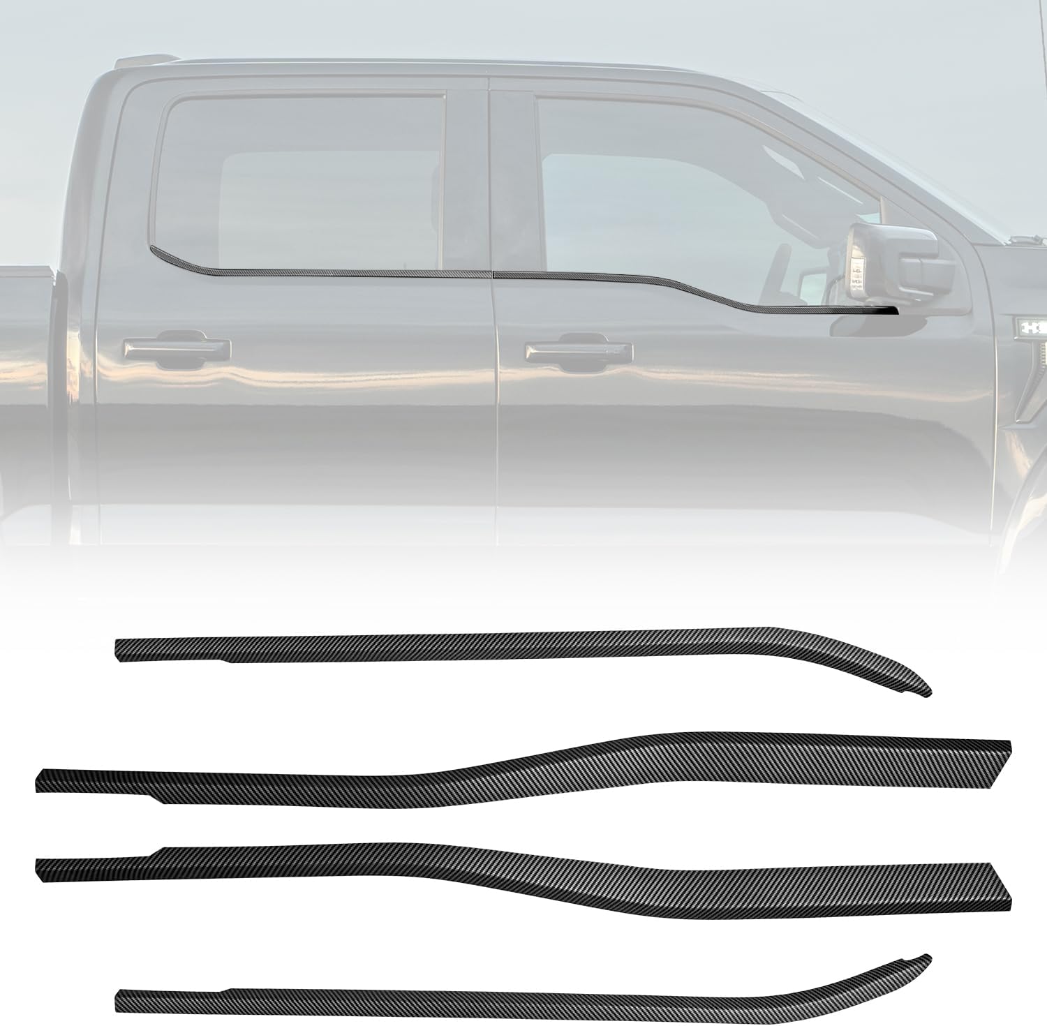 Outer Door Window Molding Trims fit for Ford F150 Supercrew 2021-2025,Door Window Bottom Sill Weatherstrip Covers,Seal Belt Weather Stripping Decor,3MM Adhesiver,4PCS Glossy Carbon Fiber Look