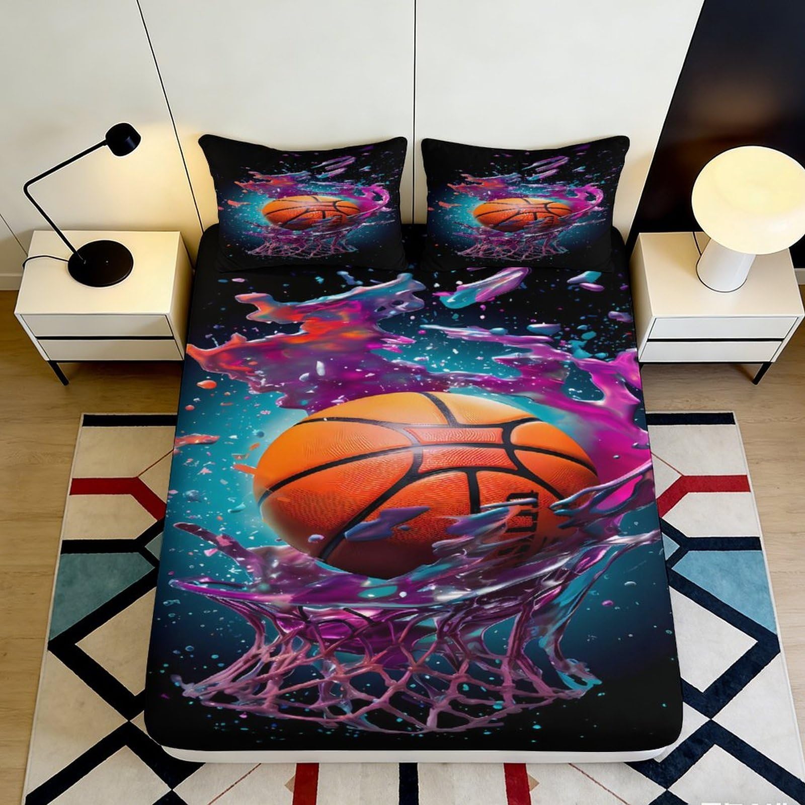 3D Printed Basketball Splash Fitted Sheet Microfiber Vibrant Hoop Mattress Cover for Bedroom Dorm Decor 90x200x25cm