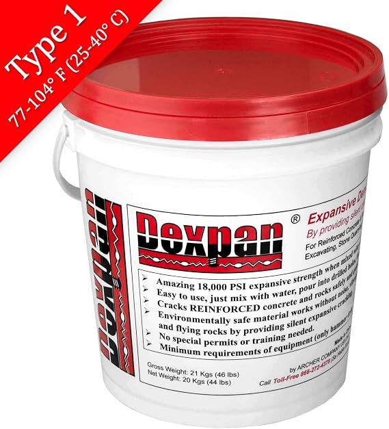 Expansive Demolition Grout 44 Lb. Bucket for Rock Breaking, Concrete Cutting, Excavating. Alternative to Demolition Jack Hammer Breaker, Jackhammer, Concrete Saw, Rock Drill (DEXPAN44BKT1) (77-