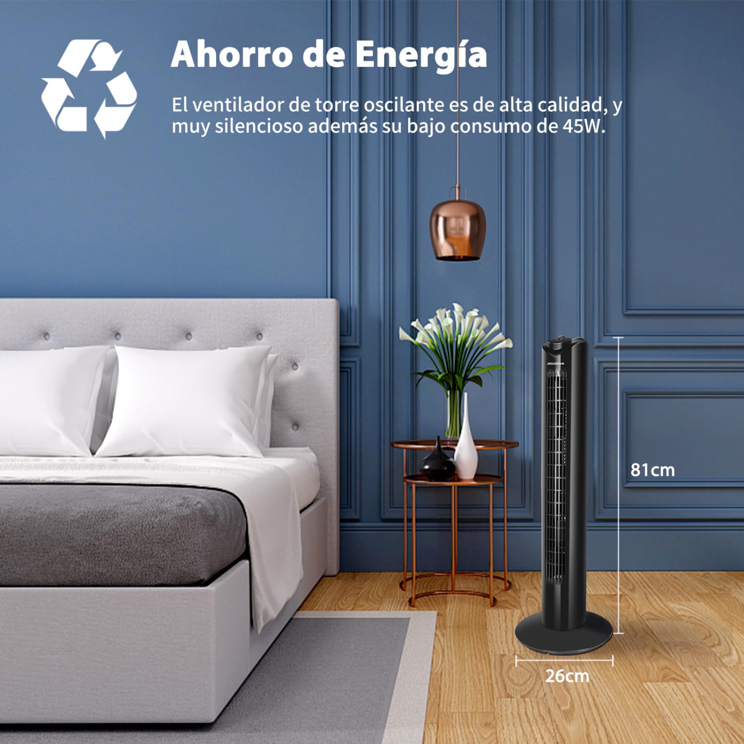 Aigostar Ventilador de Torre, Silencioso, 3 Velocidades, Oscilación de 70º, Temporizador 120 min, 81 cm de Alto, Diseño Compacto, Fácil Instalación, Ventilador de Pie Portátil 45W, Negro
