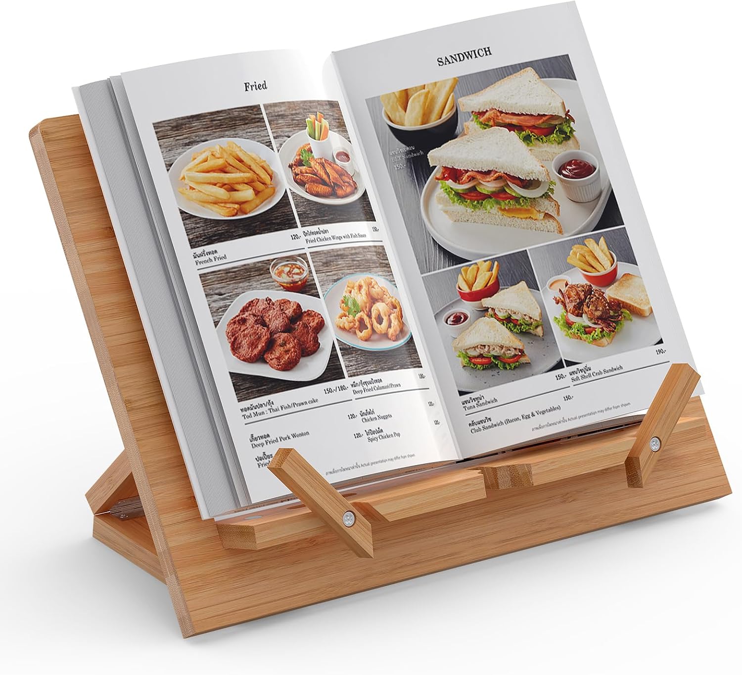 Adjustable Book Stand for Reading, Folding Cook Book Holders with Page Clips, Desktop Riser for Cookbook Rest, Sheet Music, Laptop,Recipe, Textbook, Wood