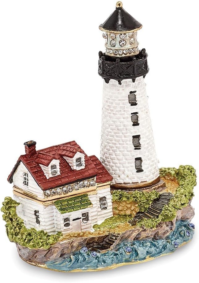Bejeweled Pewter Enamel Lighthouse Trinket Box