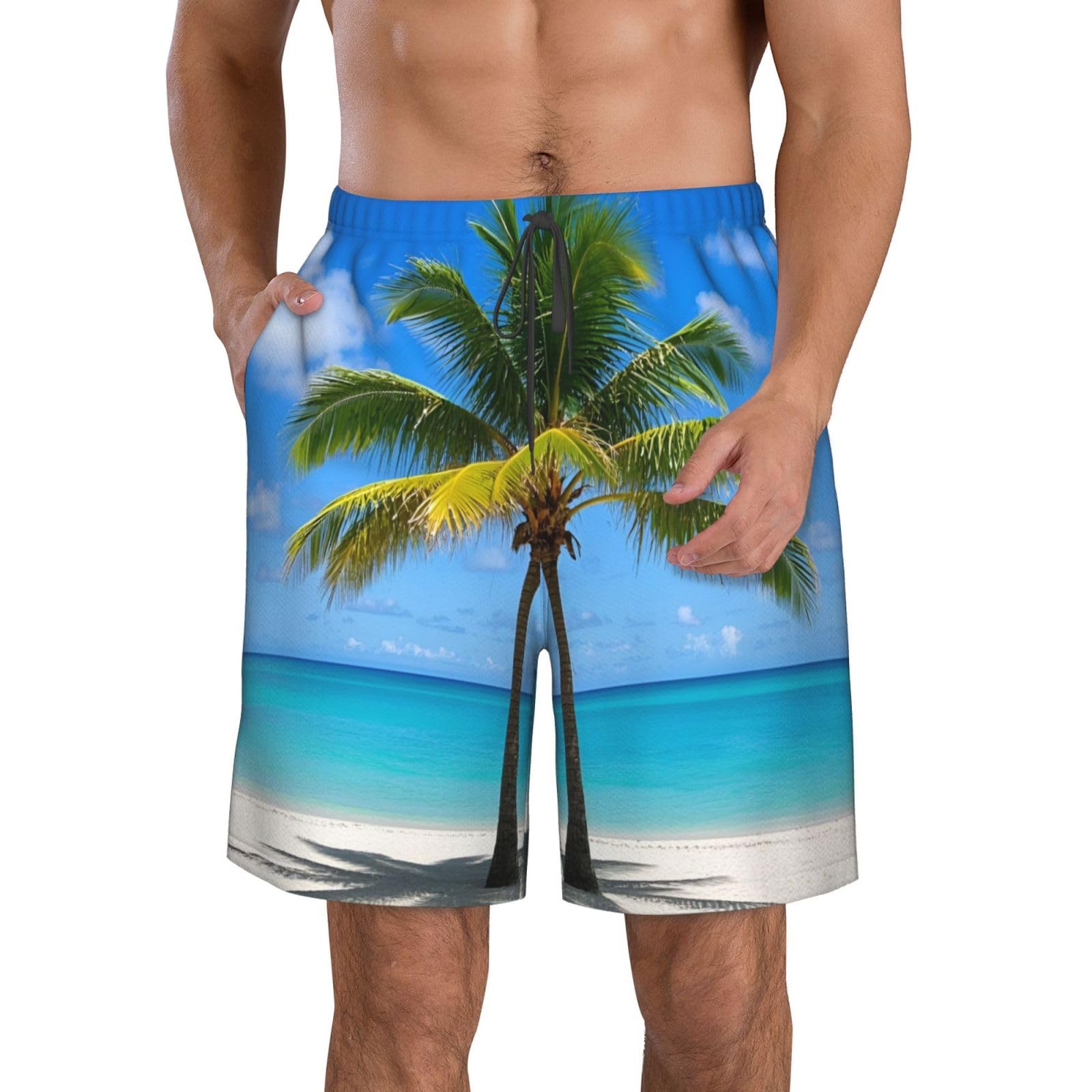 Mens Beach Shorts for Vacation Casual Sports Athletic Running Gym Shorts for Men Ocean Sea Beach Palm Tree